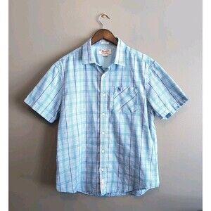 Original Penguin Size Large Button Up Shirt Mens Short Sleeve Blue Plaid Classic